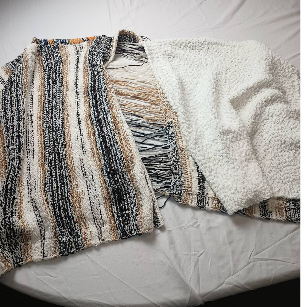 POL Distressed Sweater Womens Size Small, Black Tan White Striped